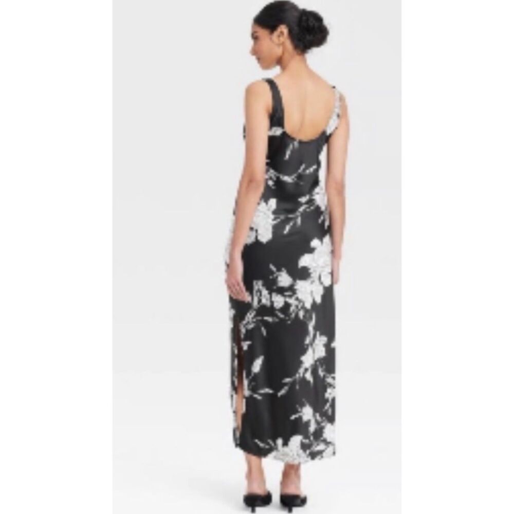 A New Day Black & White Floral Satin Midi Slip Dress Size Medium